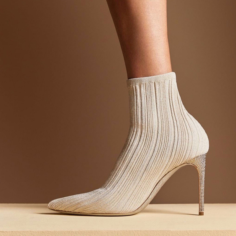 

luxurious Women Sexy Sock Boots Pointed Toes Beige Latest fashion Knitting Stretch High Heels for Woman 9.5cmTop quality Rhinestone banquet factory shoes designer