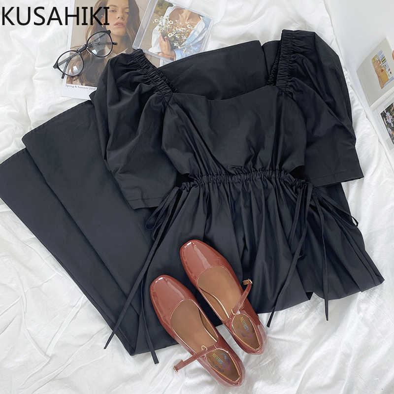 

KUSAHIKI Elegant Puff Sleeve Vintage Square Collar Dresses Draw String Slim Waist Vestido Summer Woman Dress 6J113 210602, Black