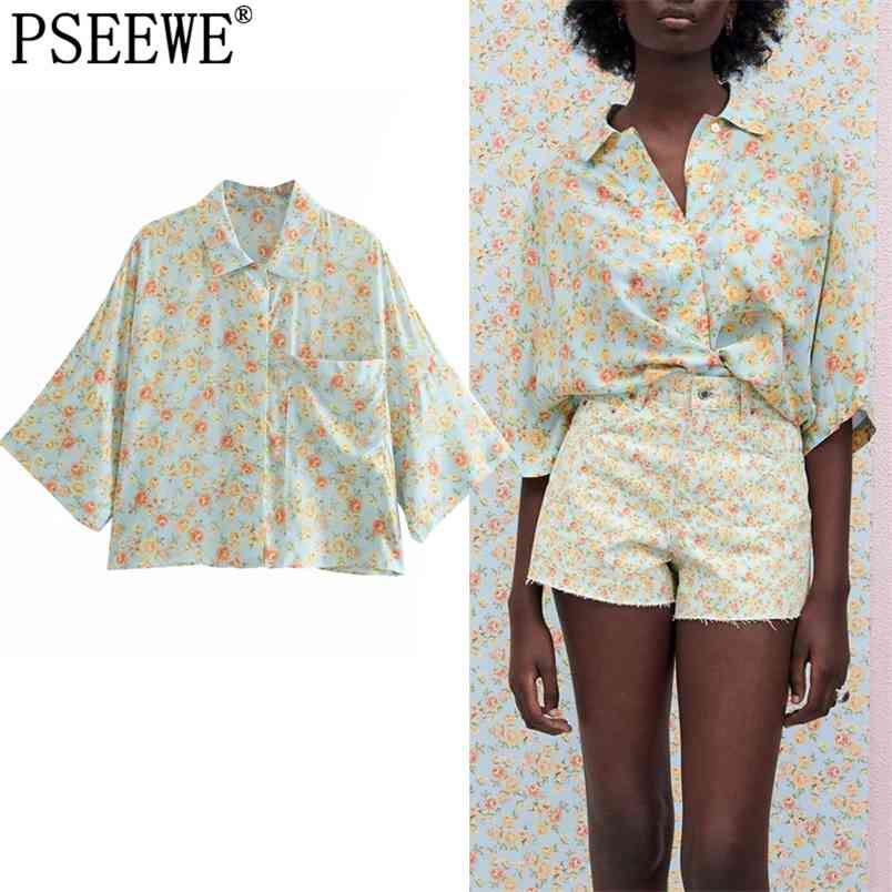 

Women Shirt Blue Floral Crop Summer Top Woman Short Sleeve Vintage Blouse Female Casual Button Up Beach 210519, Sky blue