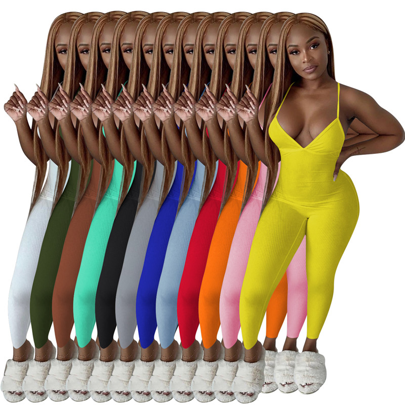 

Summer Jumpsuits for Women Backless rib Skinny Bodysuits Straps V-Neck Jump Suit Sexy Sleeveless Rompers Casual Overalls Clothing DHL 5385, White