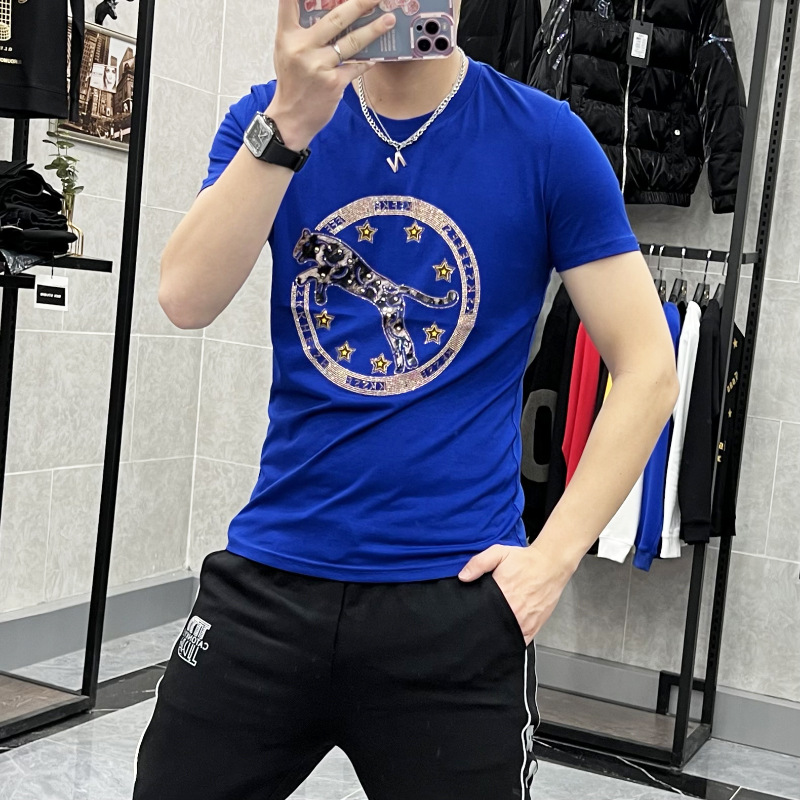 Short Sleeve Men's T-Shirts Leopard Printing Summer New Round Neck Male Clothes Mercerized Cotton Personality Western Fashion Large Tees M-5XL