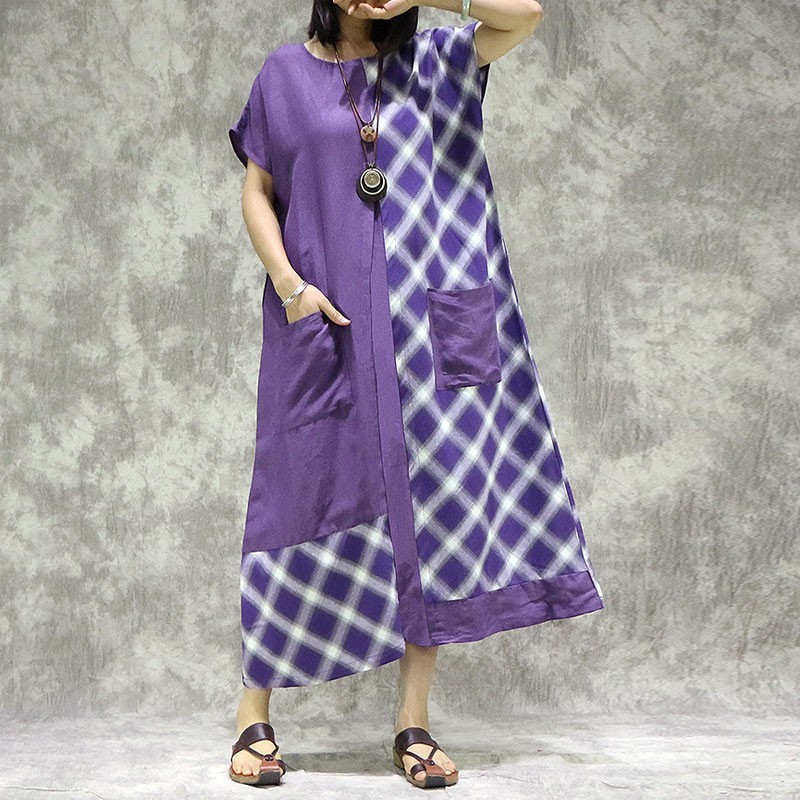 

Johnature Summer Cotton Linen Retro Patchwork Plaid Pocket O-neck Short Sleeve Dresses Loose Comfortable Women Dress 210521, Purple