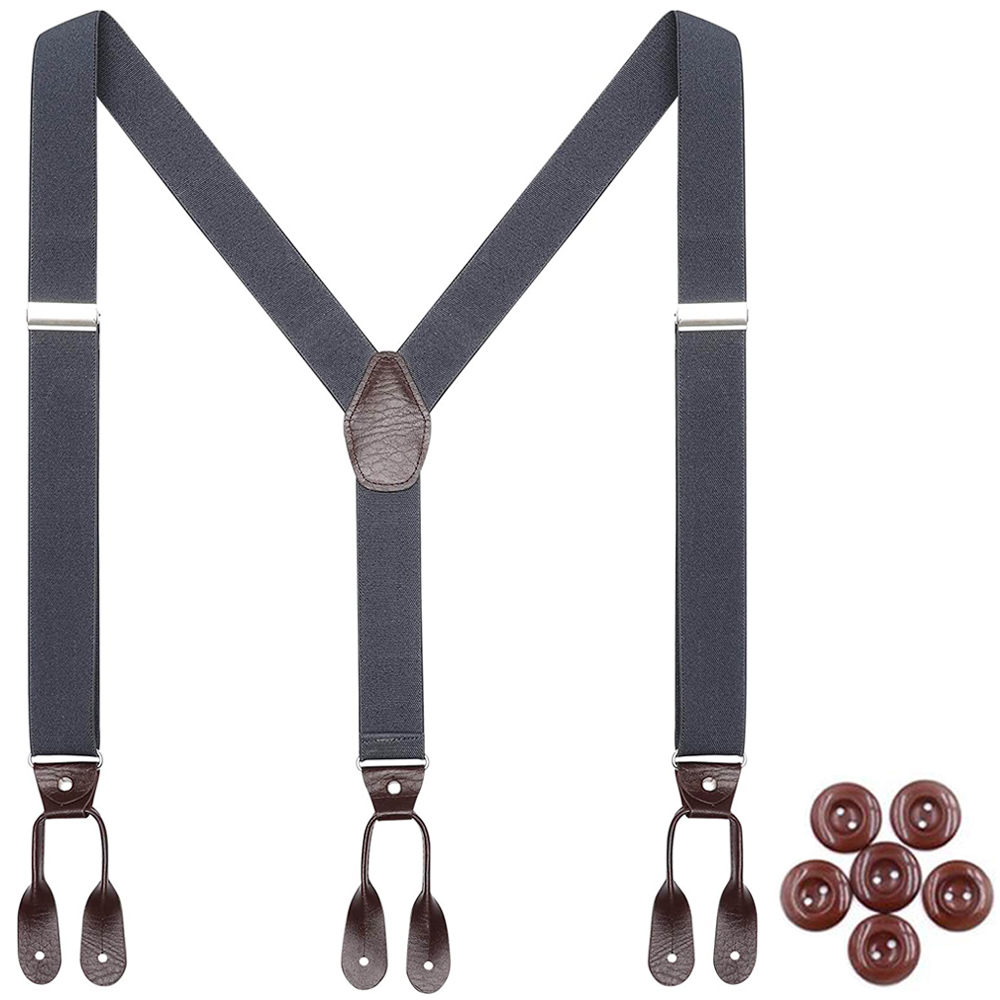 

Leather Suspenders Braces for Men Wedding Party Tuxedo Button End Y Back 35cm Wide Adjustable Elastic Trouser Strap Belt-Gray