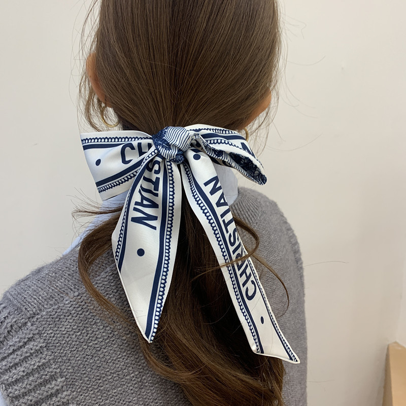 

French retro long silk scarf female streamer head rope ribbon tie hair band spring and autumn bow knot headdress small sca