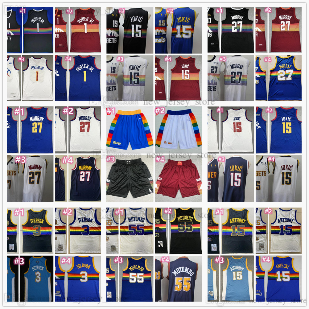 

Basketball 15 Nikola 27 Jamal Jokic Murray Jerseys Retro Mitchell and Ness 3 Allen Carmelo Iverson Anthony Dikembe 55 Mutombo Stitched Jersey Shorts, Black;red