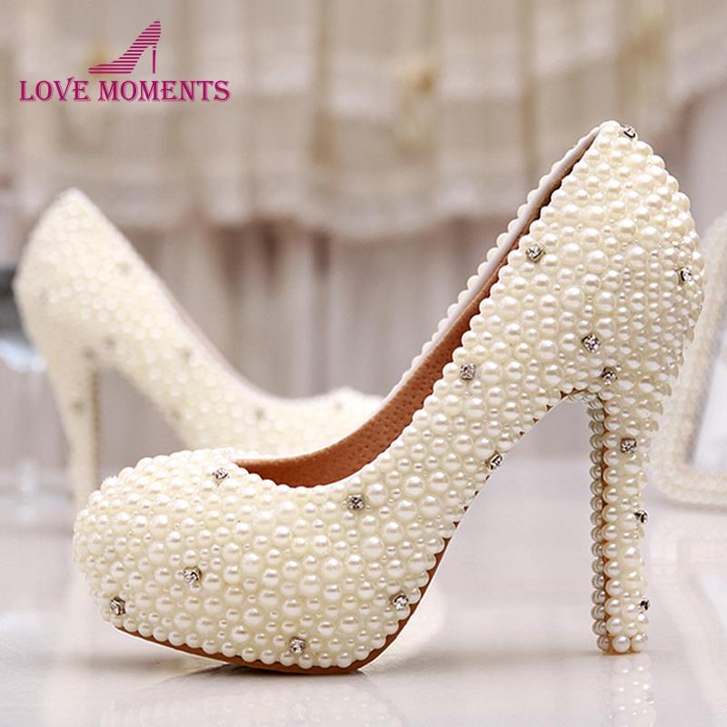 

Women Wedding Shoes Bridal Spring Single High Heels Ivory Pearl Rhinestone Party Prom Pumps Mother Of Bride Dress, Ivory 14cm heels