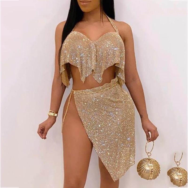 

Two Piece Dress Halter Backless Sequin Top & Slit Skirt Sets Women Sexy Night Wear Club Outfits Set, Gold