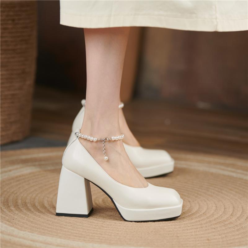 

Dress Shoes Genuine Leather Cow Block High Heels Ankle Beading Strap Platform Elegant Office Lady Pumps Woman, Beige