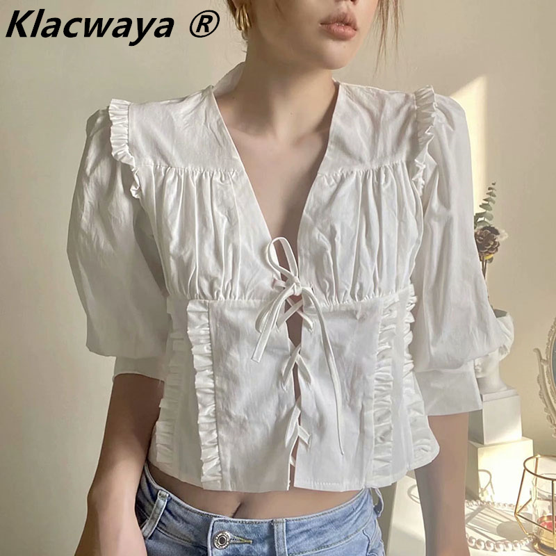 

Shirt Blouse Women Camisa Larga Chemisier Femme Chic Sexy Cardigan White Crop Top Blusa Mujer Verano Ruffle Frenulum Unique 210521, Blue