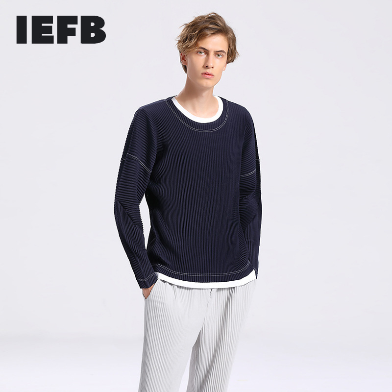 

IEFB Men's Pleated Round Collar Long Sleeve T-shirt Spring Japanese Streetwear Fashion Loose Fold Clothing 9Y6721 210524, Navy