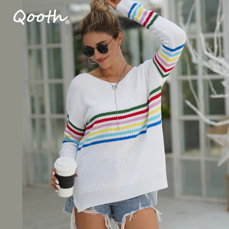 

Qooth Winter Fashion Women' Sweaters Rainbow Striped Slim Pullovers INS Style Knitted Jumper V Neck Pull Femme QT323 210518, Black