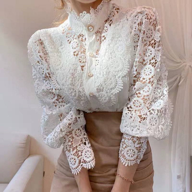 

Petal Sleeve Blouse Stand Collar Hollow Out Flower Lace Patchwork Shirt All-match Women Blouses Button White Top OL Elegant Clothes