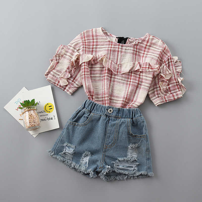 

2-7 years High quality girl clothing sets summer casual plaid solid kid children shirt+demin pant 2pcs 210615, Coffee