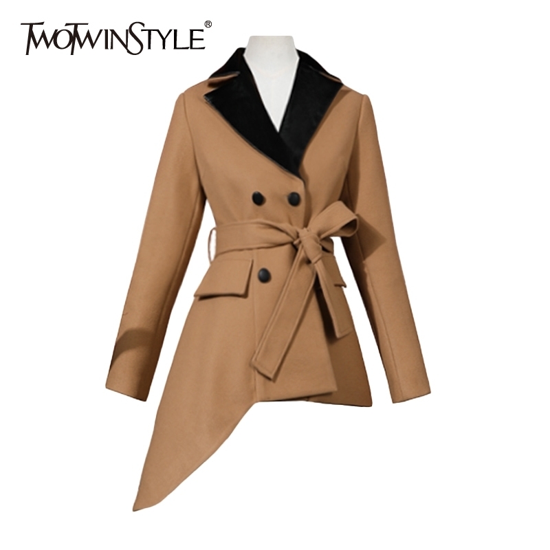 

Asymmetrical Patchwork Tweed Coat For Women Lapel Long Sleeve High Waist Sashes Casual Coats Female Fashion Fall 210524, Khaki