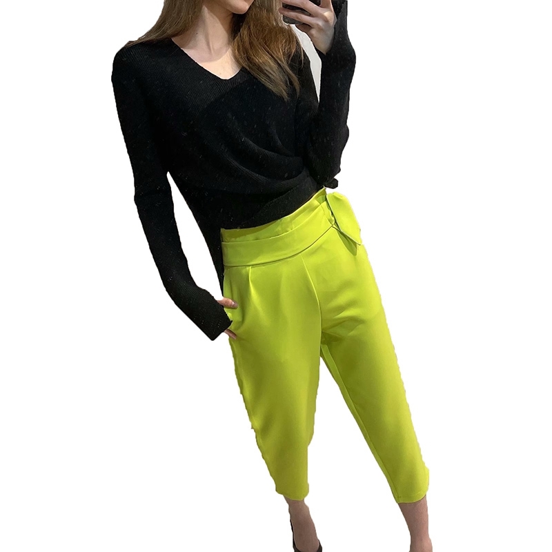 

Spring Temperament Slim Pants High Waist Lace Up Bow Vintage Harem Women Cotton Trousers Female 210525, Pink