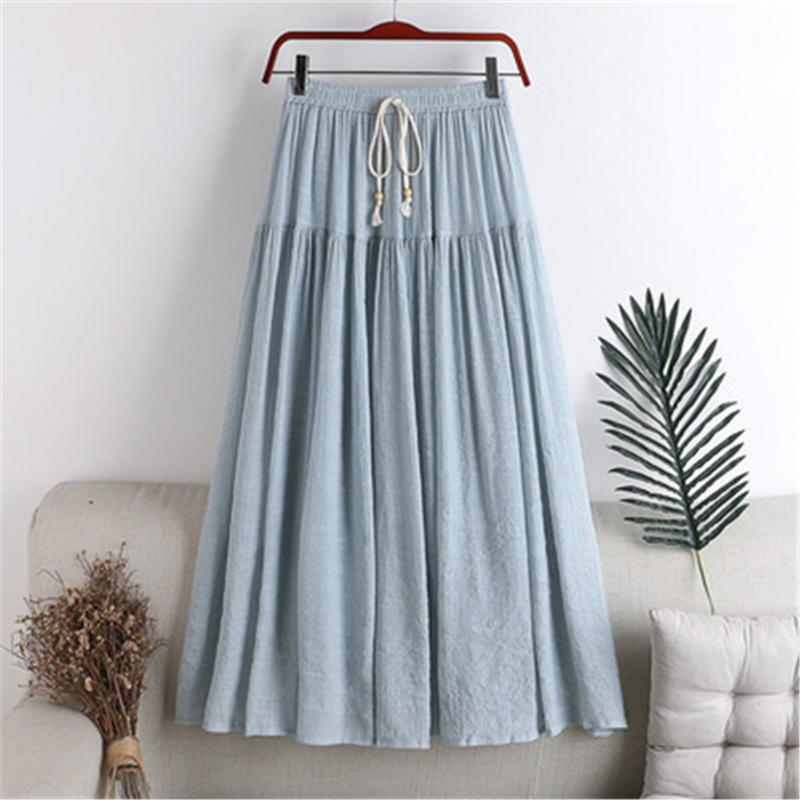 

Skirts Bow Tie Lace Up Women Cotton Linen High Waist Slim A-Line Pleated Skirt Patchwork Student Long Midi OL Jupe Femme, Black