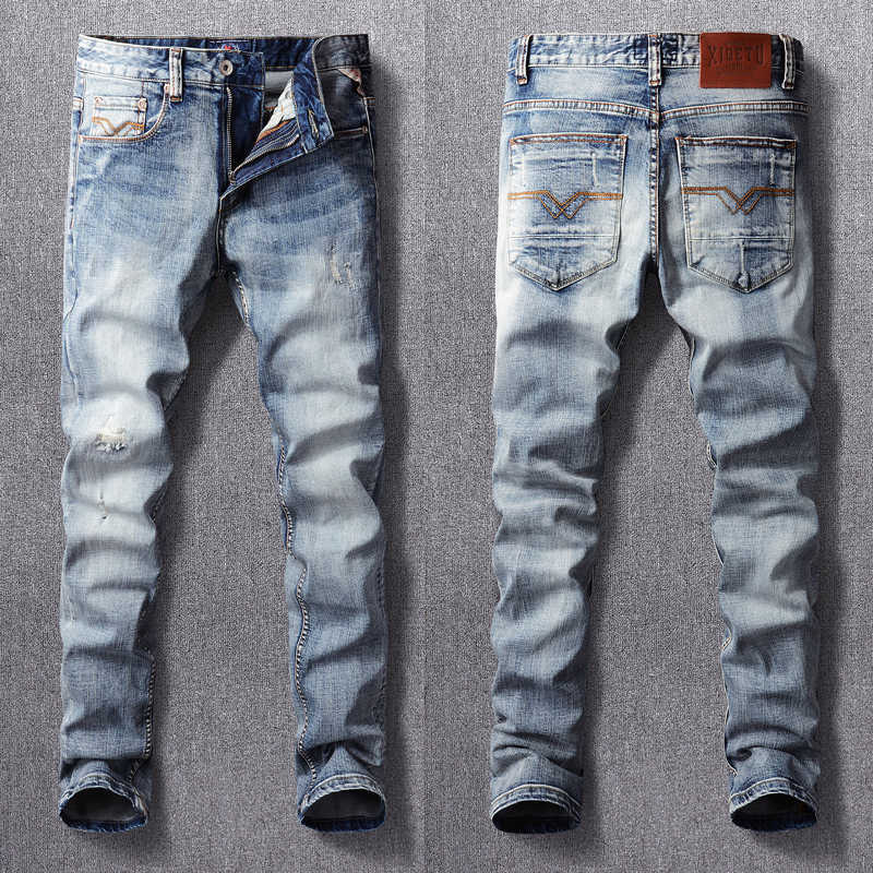 

Italian Style Fashion Men Jeans Retro Blue Elastic Slim Fit Frayed Ripped Vintage Designer Casual Hole Denim Pants