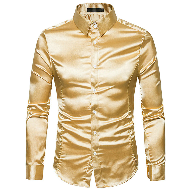 

Silk Satin Smooth Men Solid Tuxedo Shirt Business Chemise Homme Casual Slim Fit Shiny Gold Wedding Dress Shirts, Pink