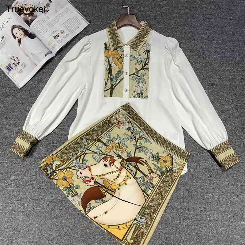 

Truevoker Lady Skirt Set High End Long Sleeve Vintage Ethnic Print Blouse With Luxury Crystal Diamond Pencil 210602, Multi