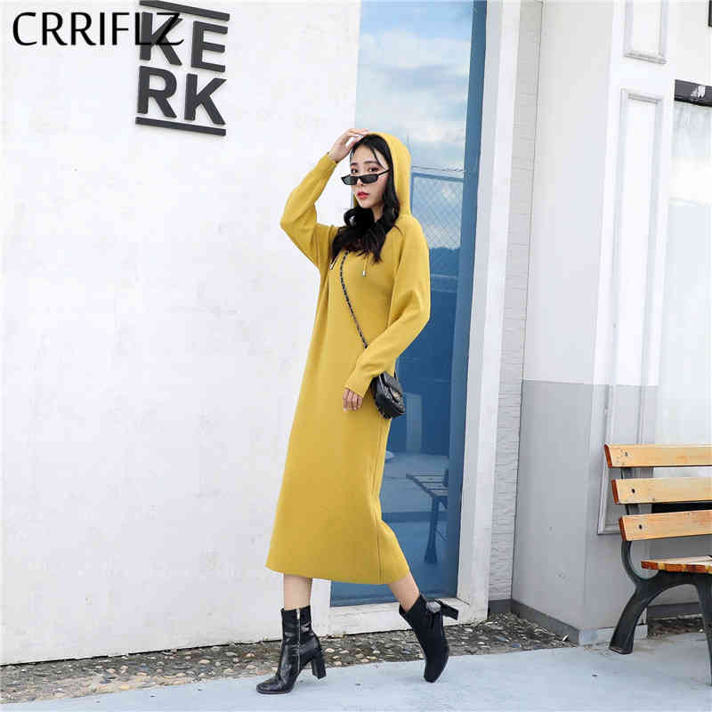 

Autumn Winter Plus Size Hooded Knitted Sweater Dress Women Casual Full Sleeve Solid Straight Long CRRIFLZ 210520, Khaki