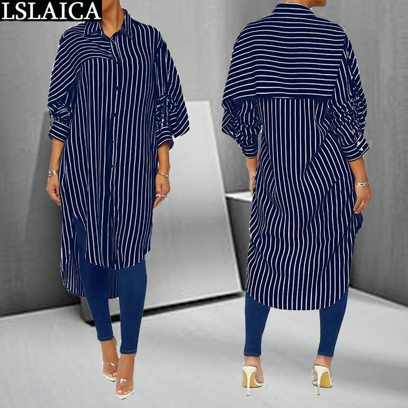 

Party Dress Fashion Mid-Calf Striped Printing Dresses for Women Loose Casual Button Streetwear Lrregular Hem Vestiti Donna 210520, Black