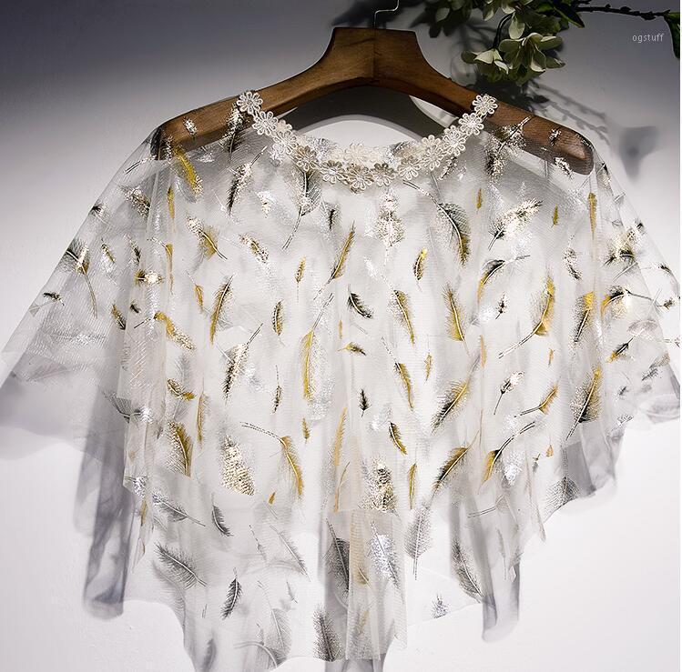 

Scarves Women's Spring Summer Shiny Gold Feather Embroidery Mesh Lace Pashmina Female Vintage Sunscreen Cloak Shawl R2956, Blue;gray