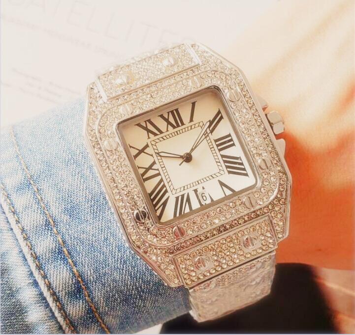 

Fashoin style men watch women quartz movement all diamond iced out watches high quality unisex dress wristwatches lady clock montre de luxe, Slivery;brown