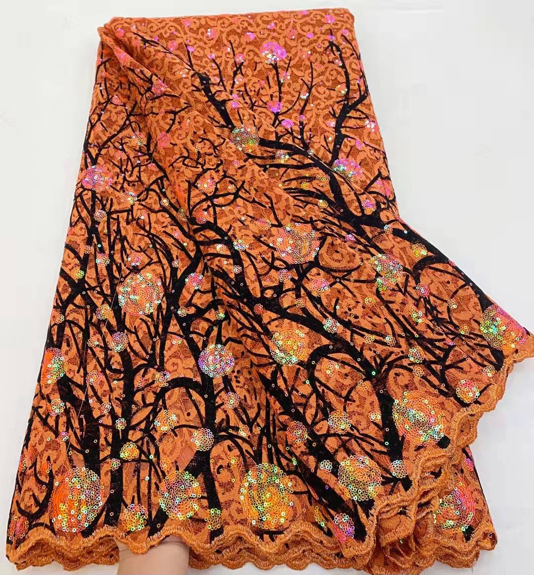 

Tree form flocking lace fabric Sequins Embroidery With Laser-cut Velvet Lace