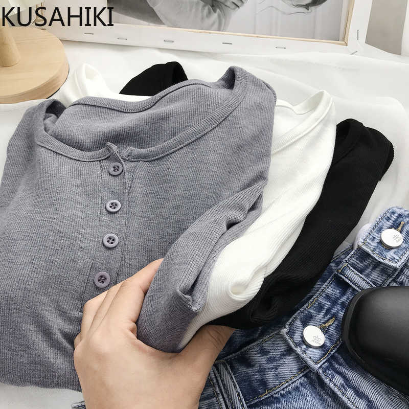 

KUSAHIKI Korean Buttons O-neck Slim Stretch T Shirts Long Sleeve Spring Graphic Tee Women Blusas Mujer De Moda 6E667 210602, White