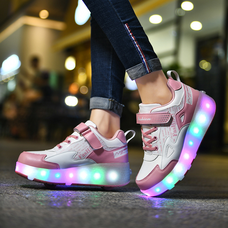 

Size 28-43 Children USB Charged Roller Skate Shoes For Kids Boys Girls With LED Lights Luminous Sneakers Glowing Shoes on Wheels, Black