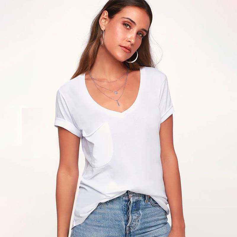 

Summer Solid Color V Neck Pocket Short Sleeve T Shirt Women Casual Loose Streetwear Beach Plus Size Homewear Ladies Tops 210608, Gstb004