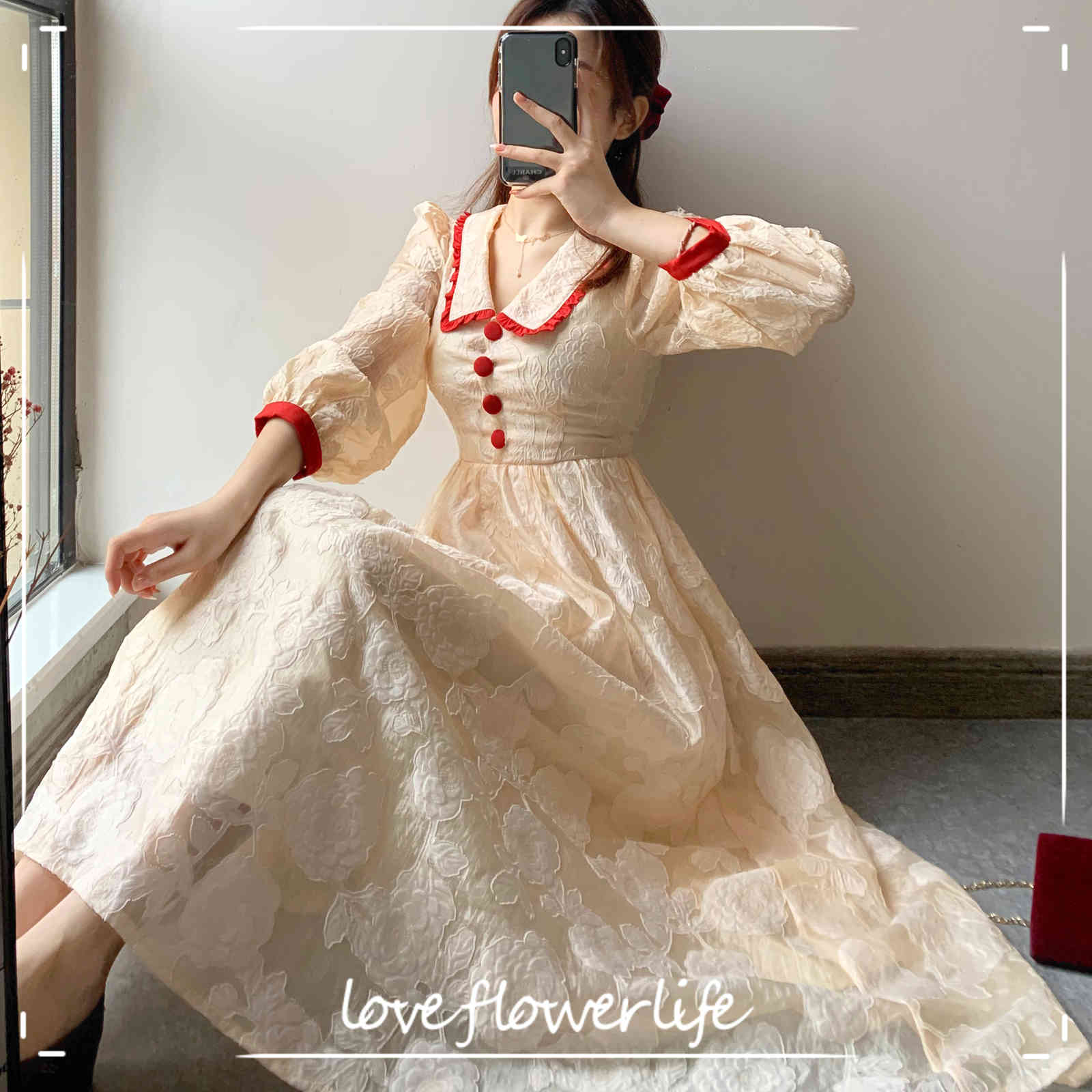 

Sweet Vintage Dress Women Elegant Evening Party Dress Female Button French Fairy Long Sleeve Dress Korean Spring 210521, Apricot