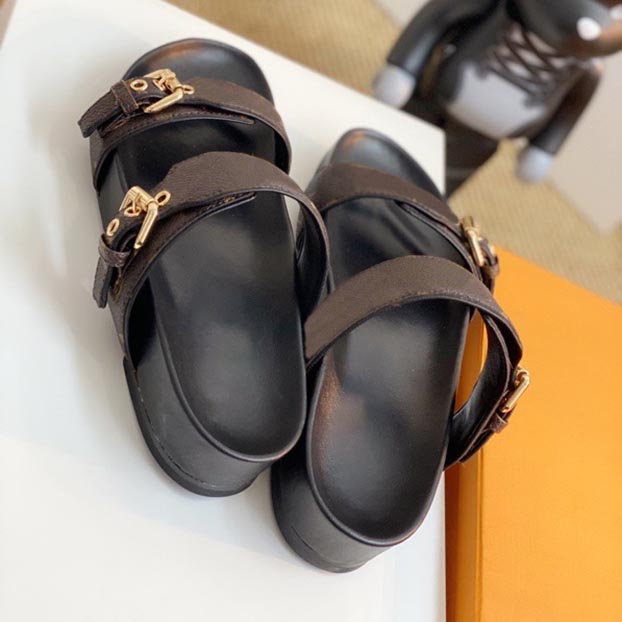 

fashion Summer Women Slippers slide Cool Effortlessly Stylish Slides 2 Straps BOM DIA FLAT MULE 1A3R5M with Adjusted Gold Buckles sandals box size 35-42