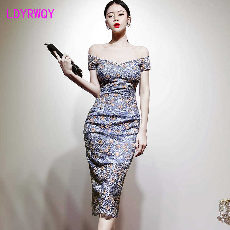 

Summer wear han edition aristocratic temperament in the long leakage shoulder sexy words brought a silk dress 210603, Blue