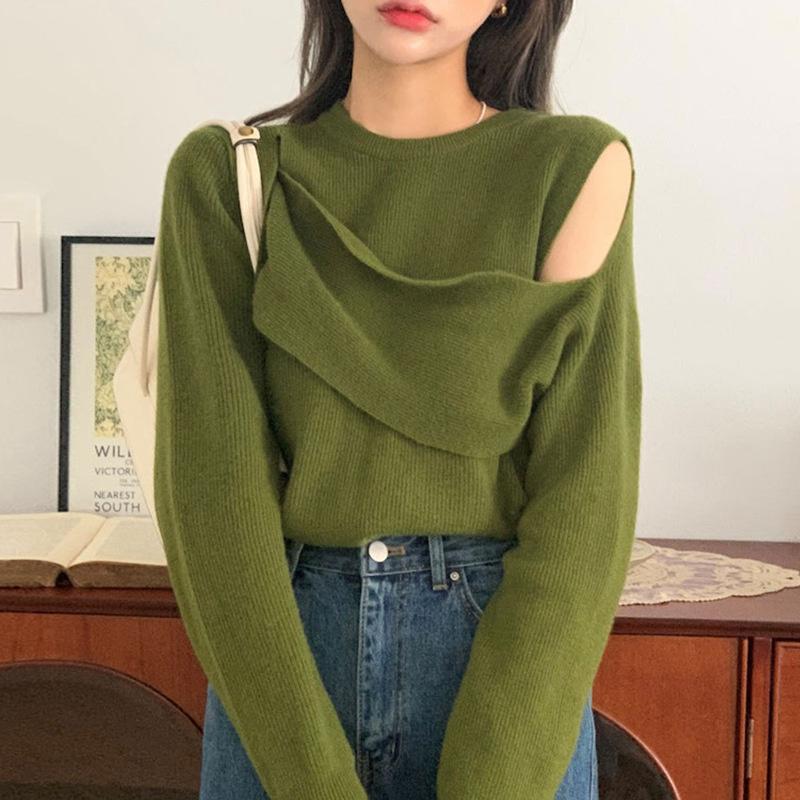 

Women's Sweaters Korean Chic Autumn And Winter Gentle Temperament Careful Machine Off Shoulder Irregular Design Loose Long Sleeve Sweater Wo, Green