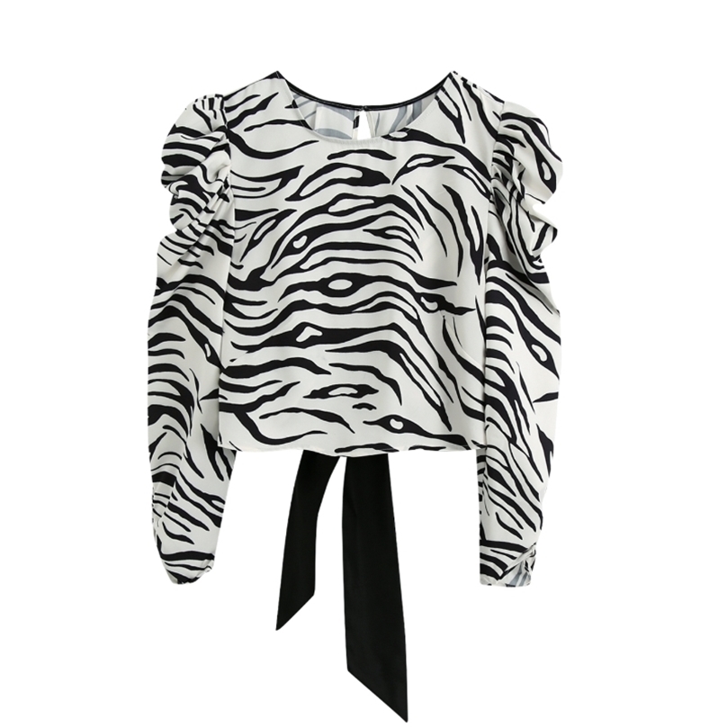 

Women zebra-stripe print Puff Sleeve Short Shirt Vintage Femme Back fork bow Blouse Casual Lady Loose Tops Smock Blusas S8012 210719, As pic