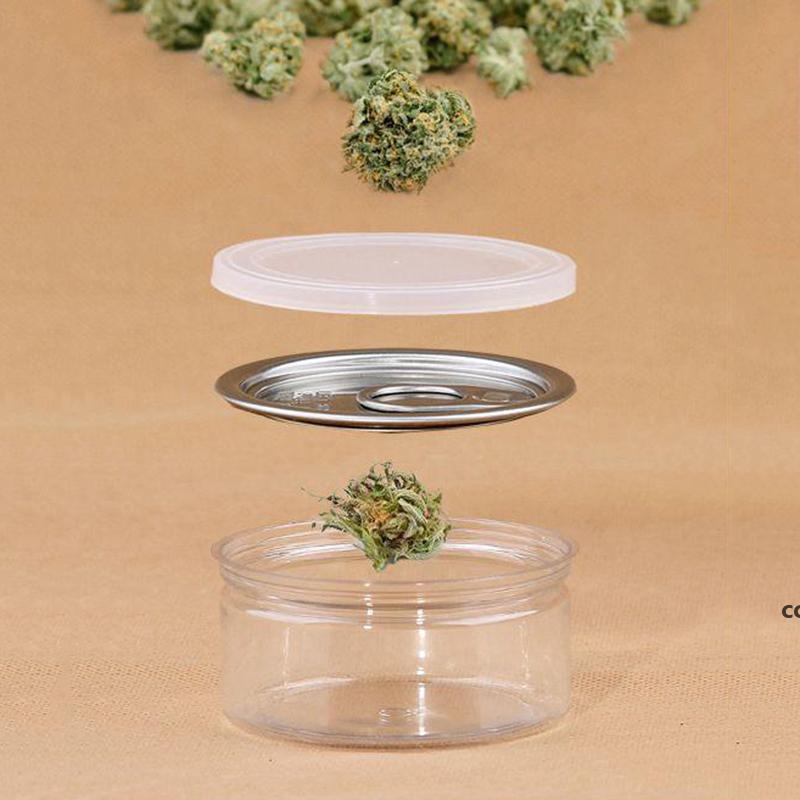 

Clear Plastic Jar Packaging With Metal Lid Airtight Tin Can Pull Ring Concentrate Container Food Herb Storage Box DHB7482