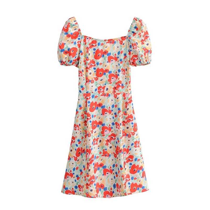 

Summer Women Floral Dresses Sexy Square Neck Beach Short Sleeve A Line Mini Ladies Clothing Size S M  210524, Multi
