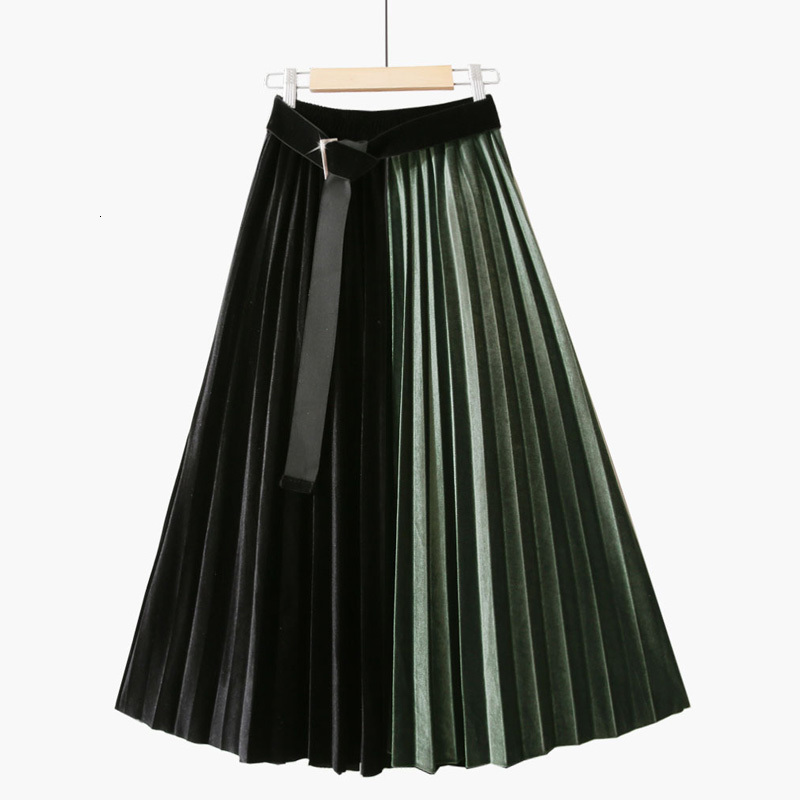 

skirts Winter Veet Contrast Color A-line Pleated Belt Vintage Soft Pleuche Calf Long Skirts, Purple