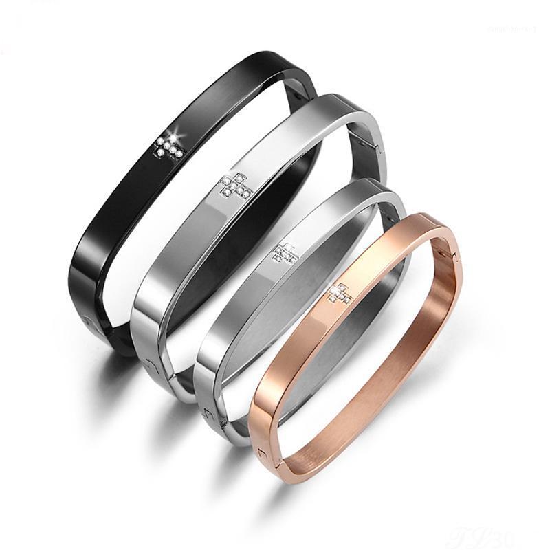 

Color 8mm Womens Men Couple Femme Stainless Steel Zircon Cross/Heart Bangles Bracelet Rose/Yellow/Black Gold Top Jewelry Bangle