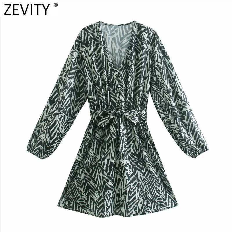

Zevity Women Vintage V Neck Printing Bow Tied Sashes Mini Dress Female Pleats Puff Sleeve Casual Slim Vestido DS5018 210603, As pic ds5018o