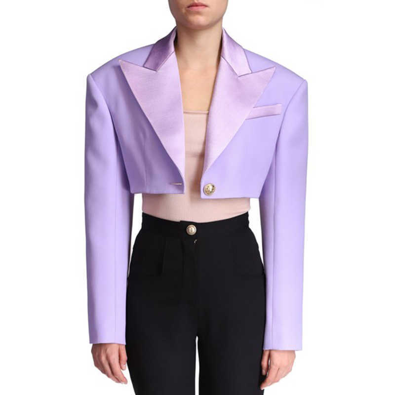 

HIGH QUALITY est Designer Blazer Women' Shoulder Satin Collar Single Button Crop Short Jacket 210526, Lavender