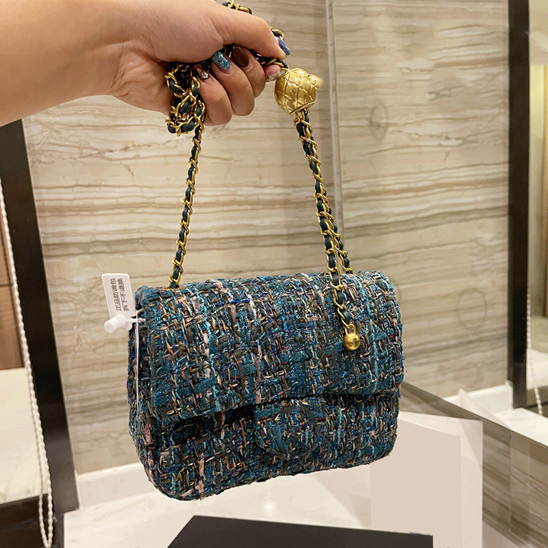 

2021 Fall Winter 17C/20C France Women Tweed Bags Quilted Matelasse Chain Top Quality Cross Body Adjustable Shoulder Strap Gold Ball Designer Purse luxury_handbags, 17cm blue