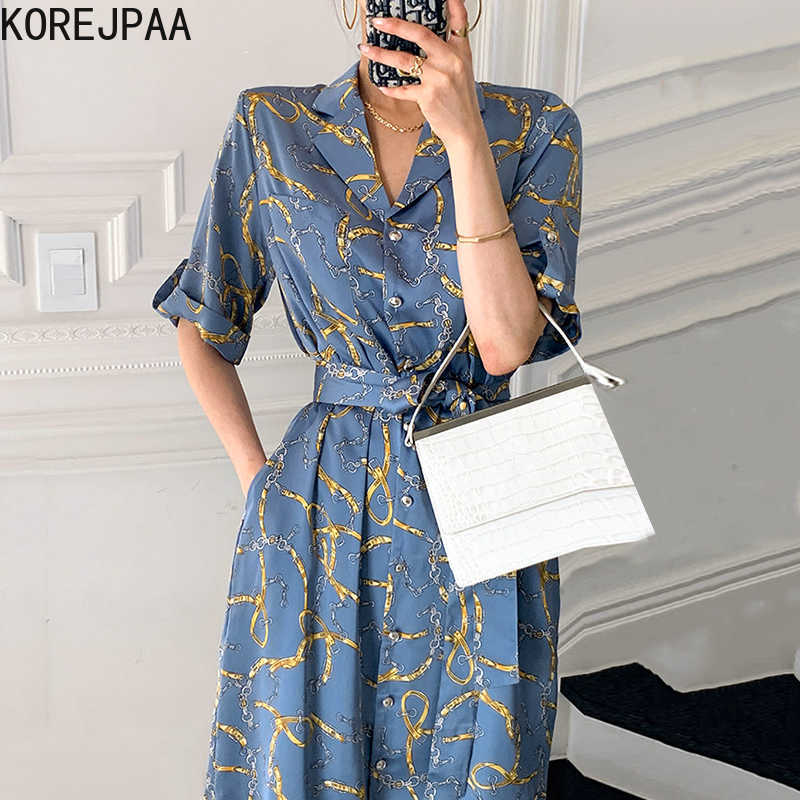 

Korejpaa Women Dress Summer Korean Fashion Chic Elegant Lapel Loose Bandage Chic Chain Print Single Breasted Long Dresses 210526, Blue