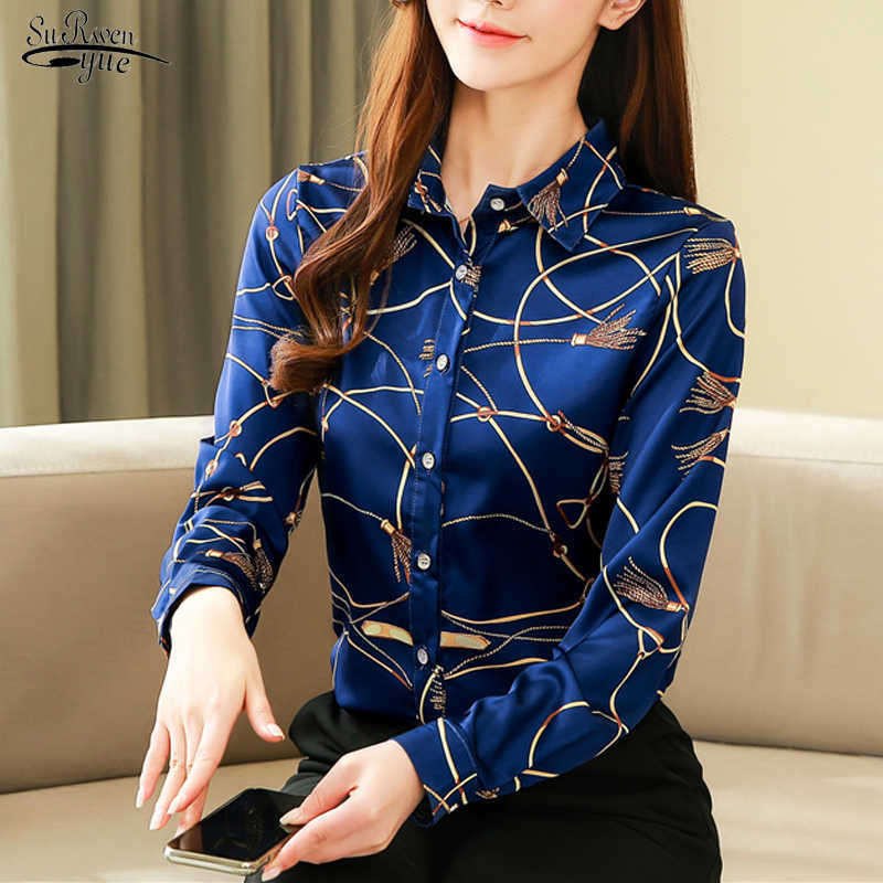 

Silk Shirt ' Korean Spring Long Sleeve Shirts for Casual Print Women Blouse and Tops Blusas Mujer 8185 50, Dark blue