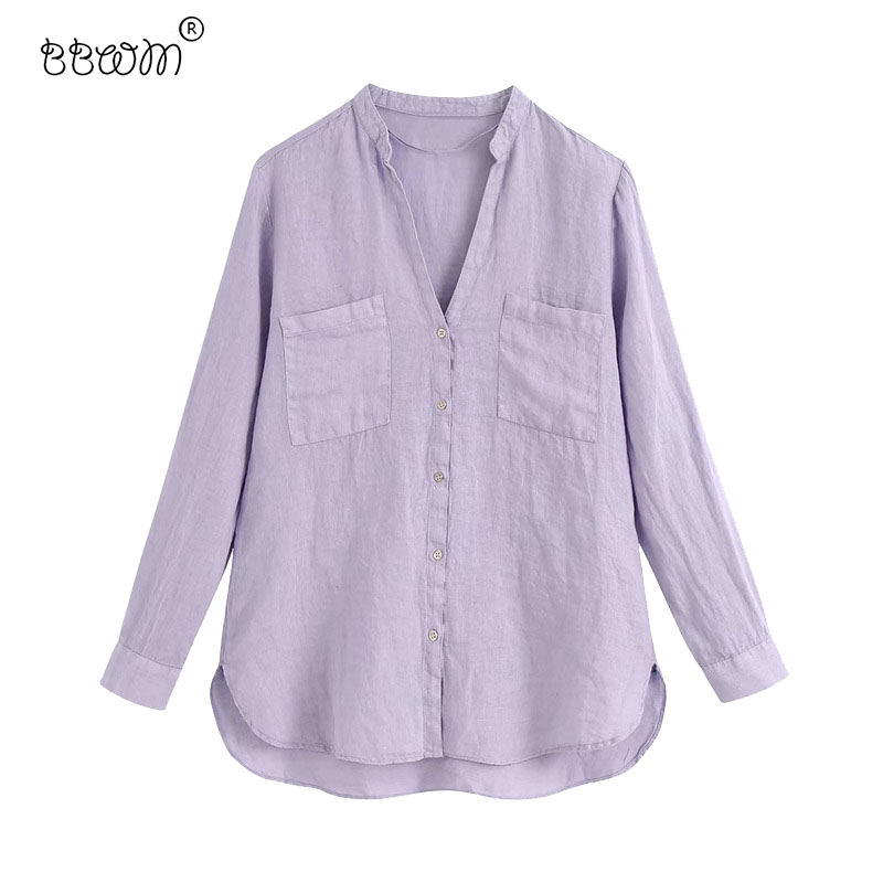 

Women Fashion Purple Pockets Linen Blouses Vintage Female Long Sleeve Buttons Shirts Casual Chic Tops 210520, As picture