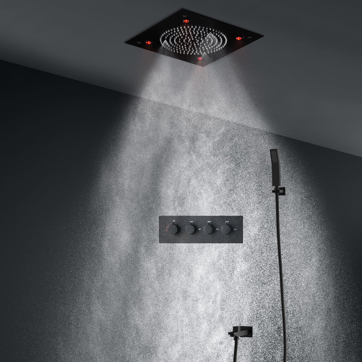 New Design Ceiling LED Shower Set High Quality 304 Stainless Steel Massage Rian ShowerHead Black Thermostatic Mixer Faucet-image-756374678