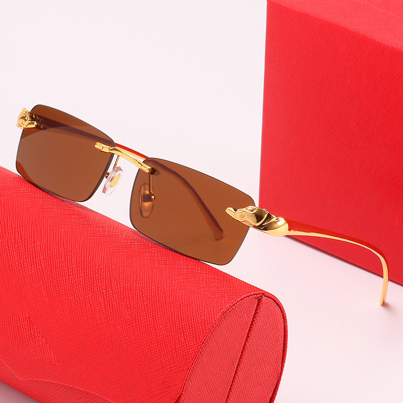 

Fashion Women Sunglasses Summer man Sun glasses Leopard head Frameless crystal Excellent Quality de sol gafas with Gift Box