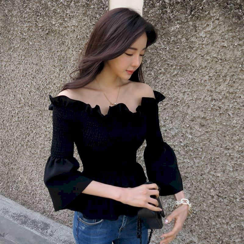 

Women Spring summer shirt slash neck off-shoulder ruffled flared sleeves elastic waist chiffon blouse slimming one-shoulder top 210526, Black