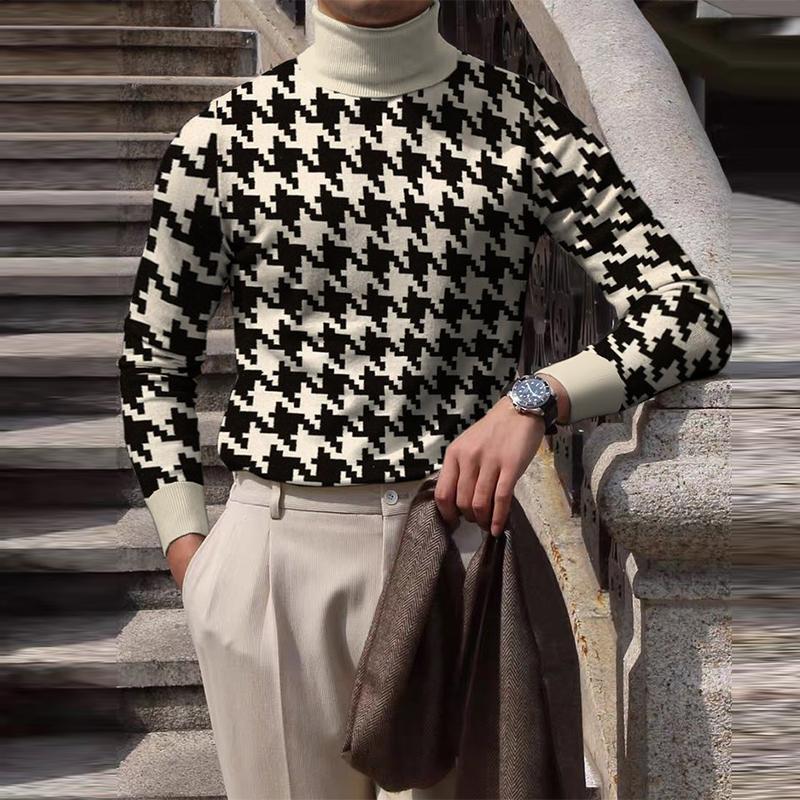 

Men's Sweaters Fashion Print Men Sweater Knitter Streetwear 2022 Spring Casual Turtleneck Knitted Sweatshirt Mens Long Sleeve Tops Pullover, White;black